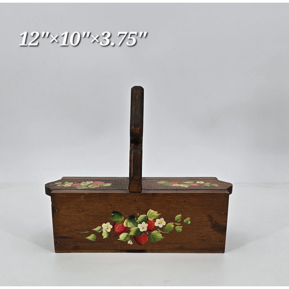 Vintage Hand-Painted Cottagecore Strawberry  Wooden Sewing‎ or Recipe Box